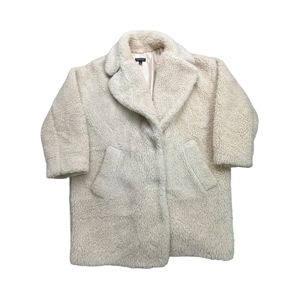 Topshop Teddy Coat Women US 2 Cream Borg Faux Fur Oversized Mid Length Old Money
